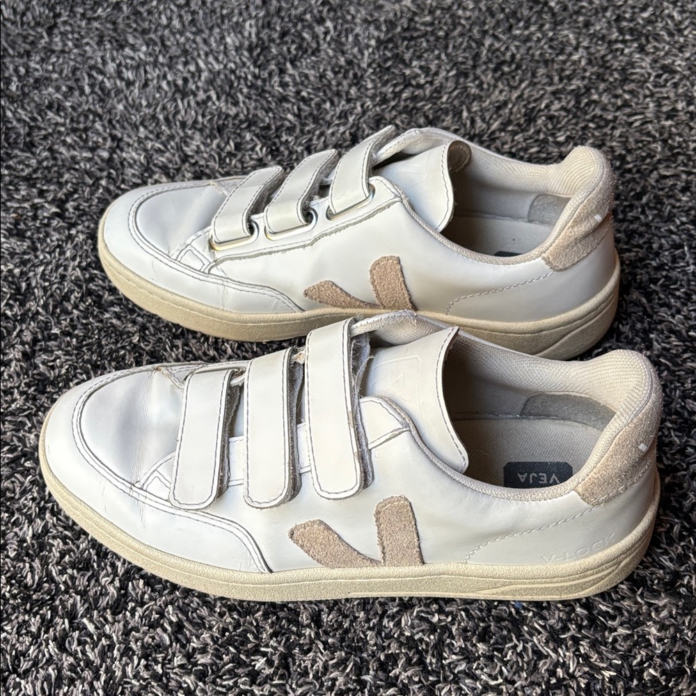 Veja Women’s White Velcro Sneakers with Tan Accents Size 5